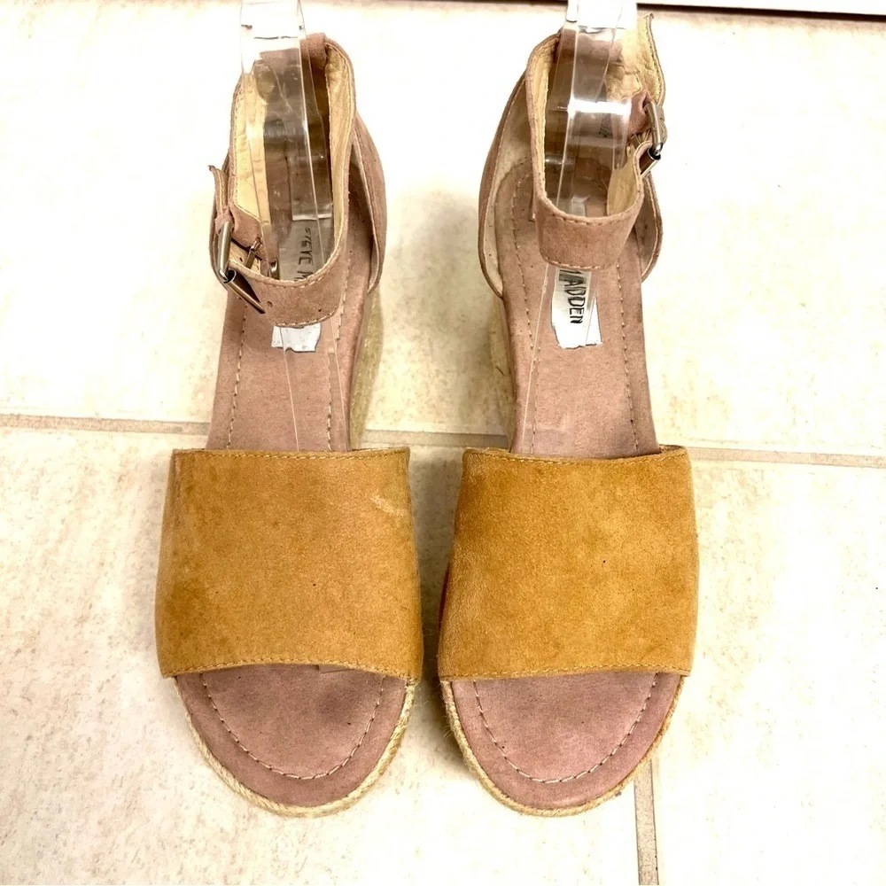 Steve Madden Apollo Suede Leather Espadrille Platform Sandals Gold Tan Boho 9M